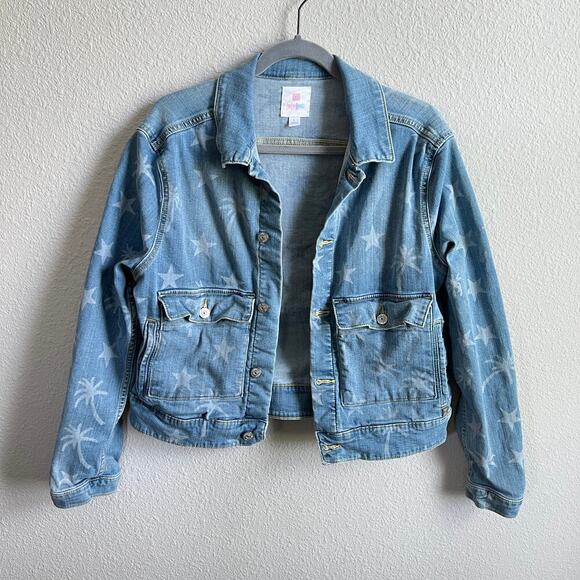 Lularoe Kenny Star & Palm Tree Denim Jacket Women's L Light Wash Stretch - Picture 2 of 10